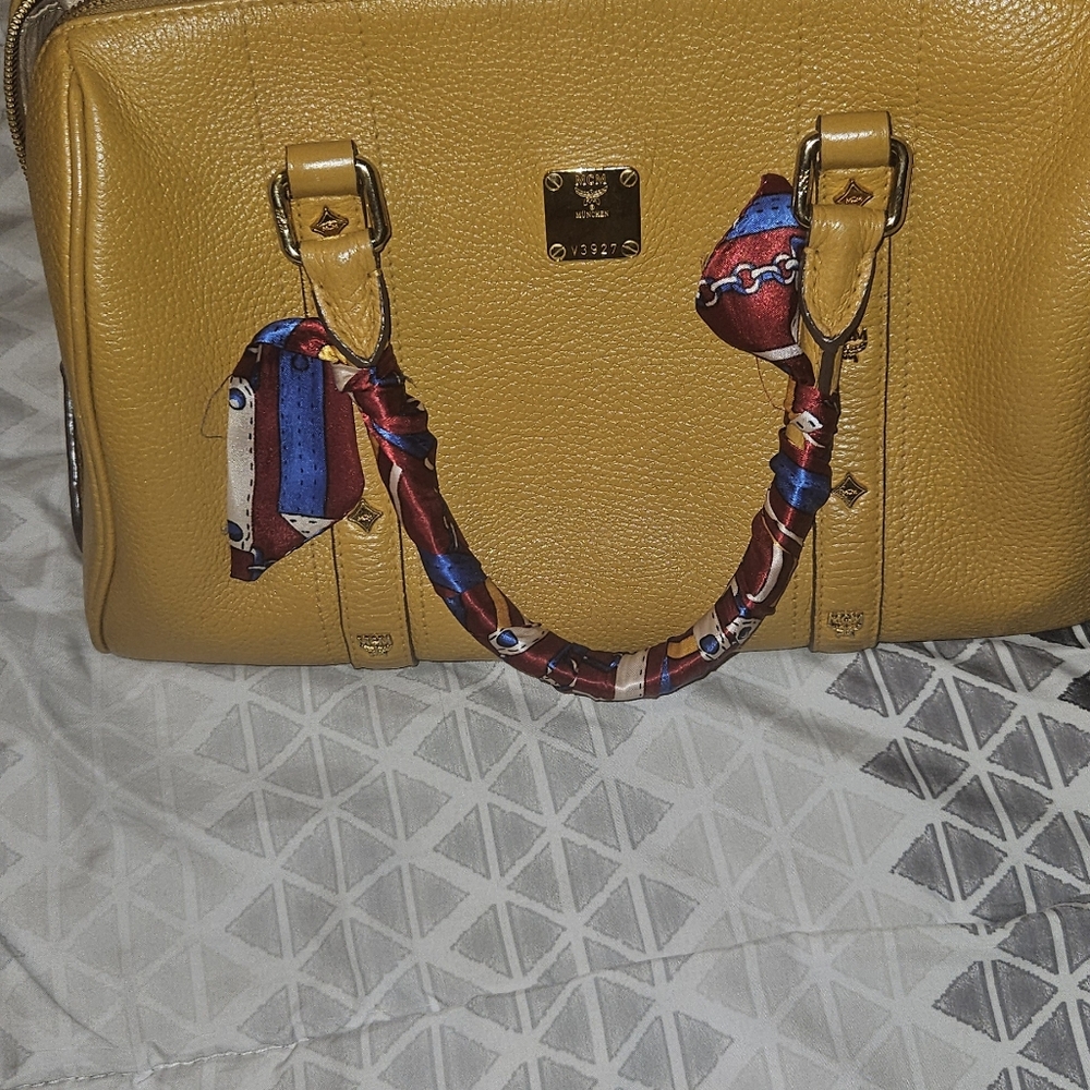 MCM Mustard Yellow Handbag with Colorful Scarf